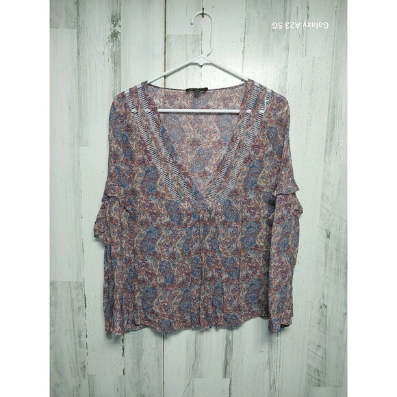 Frye Women's Large Half Sleeve Floral V Neck Blouse - Picture 1 of 5